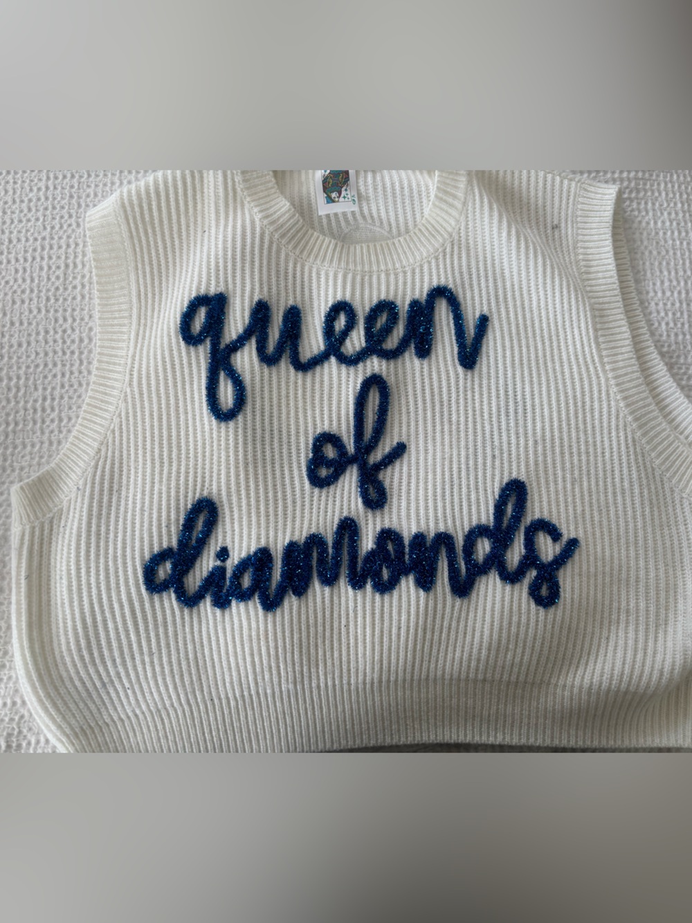 White Knit Sweater Tank with Blue Script